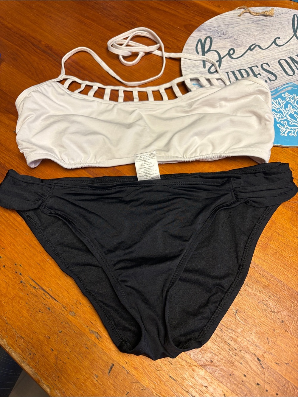 Mossimo Supply Co. White Strappy Bandeau Top & Black Bikini Bottoms